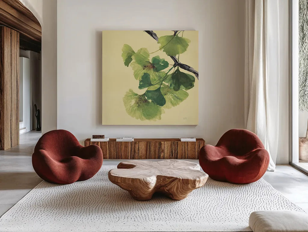 Gingko Leaves II Dark by Chris Paschke. Shown as extra-large giant wall art in a modern living room. Available as an archival giclee rolled canvas, fine art paper, or poster print. SKU 31587a.