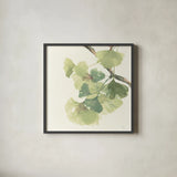 Gingko Leaves II Light by Chris Paschke. Shown in a sleek black glass frame for a contemporary gallery look. Available as an archival giclee rolled canvas, fine art paper, or poster print. SKU 29297a.