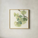 Gingko Leaves II Light by Chris Paschke. Shown in a natural wood glass frame for a timeless modern aesthetic. Available as an archival giclee rolled canvas, fine art paper, or poster print. SKU 29297a.