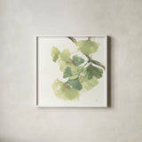Gingko Leaves II on White by Chris Paschke. Shown in a crisp white glass frame for a clean and minimalist style. Available as an archival giclee rolled canvas, fine art paper, or poster print. SKU 30859a.