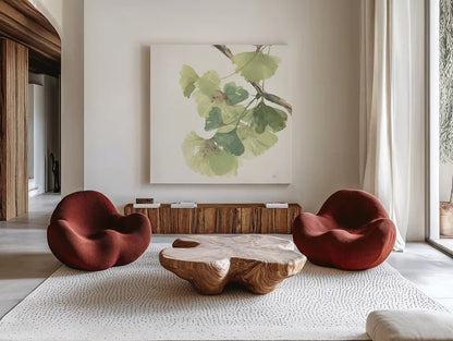 Gingko Leaves II on White by Chris Paschke. Shown as extra-large giant wall art in a modern living room. Available as an archival giclee rolled canvas, fine art paper, or poster print. SKU 30859a.