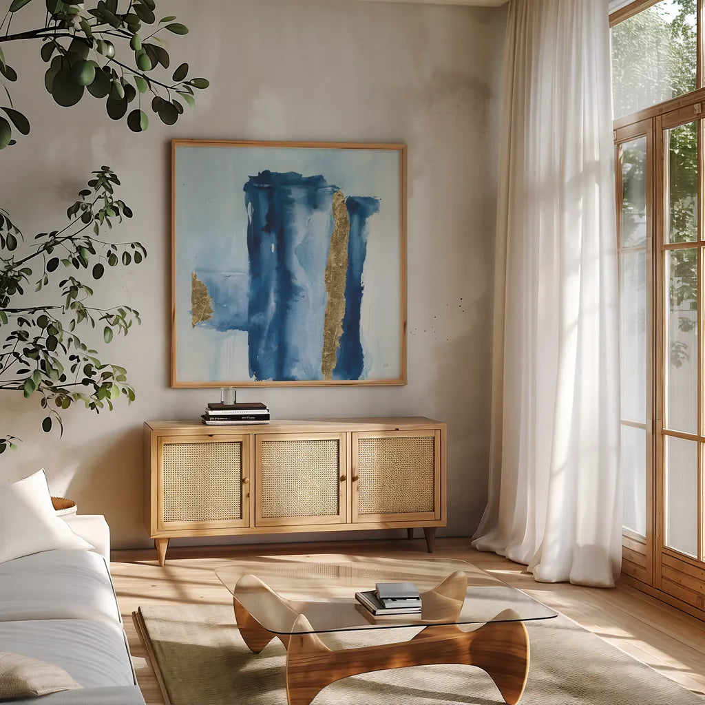 Glacier I by Chris Paschke. Shown in a natural wood frame in a cozy modern living room. Available as an archival giclee rolled canvas, fine art paper, or poster print. SKU 68190a.