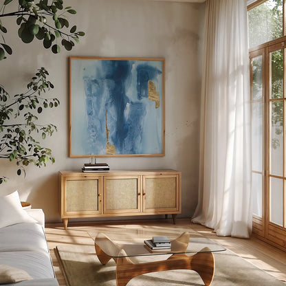 Glacier II by Chris Paschke. Shown in a natural wood frame in a cozy modern living room. Available as an archival giclee rolled canvas, fine art paper, or poster print. SKU 68191a.