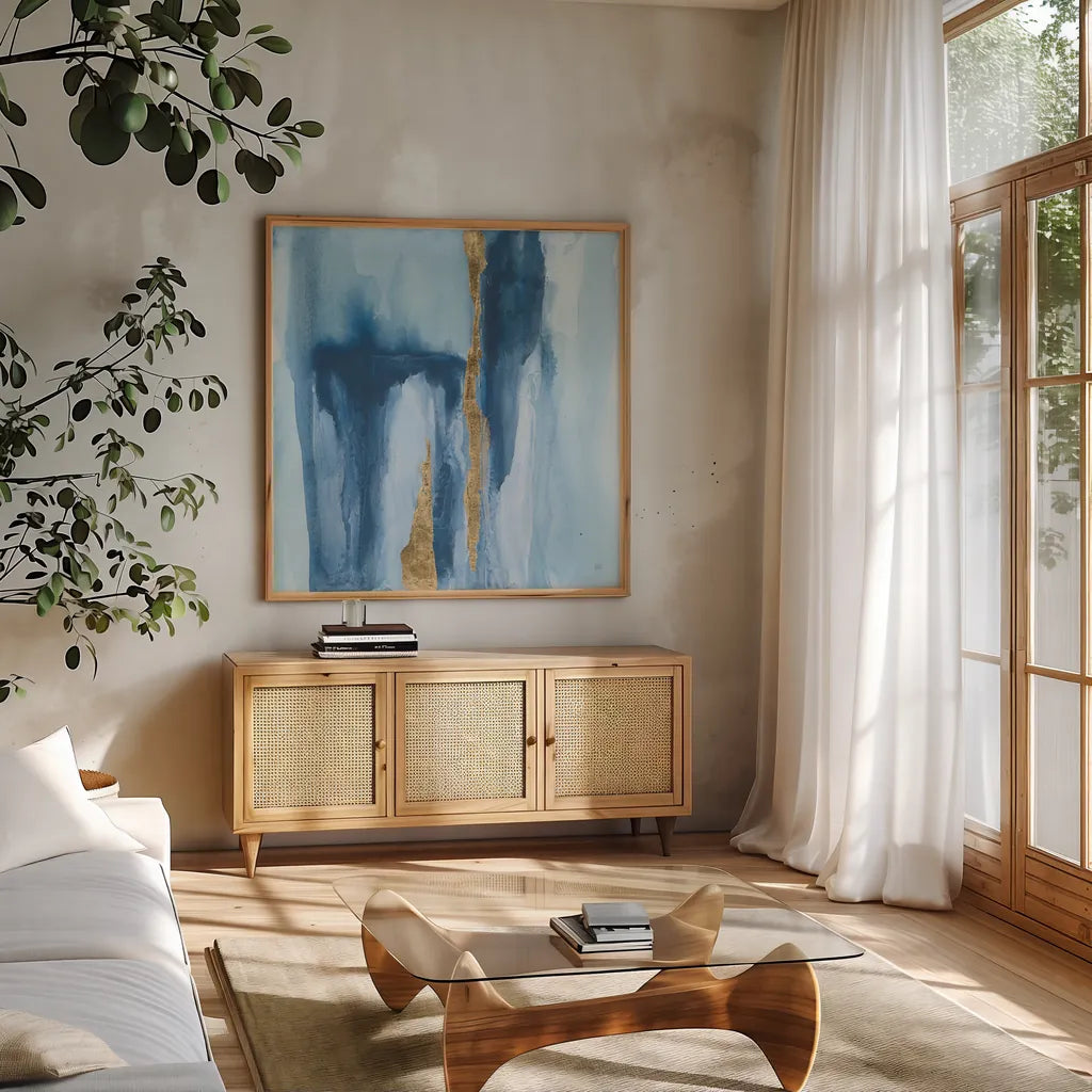 Glacier IV by Chris Paschke. Shown in a natural wood frame in a cozy modern living room. Available as an archival giclee rolled canvas, fine art paper, or poster print. SKU 68193a.