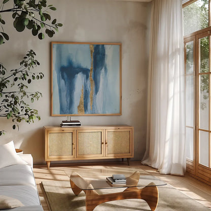 Glacier IV by Chris Paschke. Shown in a natural wood frame in a cozy modern living room. Available as an archival giclee rolled canvas, fine art paper, or poster print. SKU 68193a.