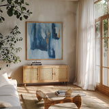 Glacier V by Chris Paschke. Shown in a natural wood frame in a cozy modern living room. Available as an archival giclee rolled canvas, fine art paper, or poster print. SKU 68194a.