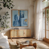 Glacier VI by Chris Paschke. Shown in a natural wood frame in a cozy modern living room. Available as an archival giclee rolled canvas, fine art paper, or poster print. SKU 68195a.