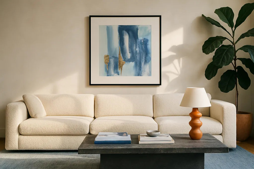 Glacier VII by Chris Paschke. Displayed in a glass frame with matte in a clean modern living room. Available as an archival giclee rolled canvas, fine art paper, or poster print. SKU 68196a.