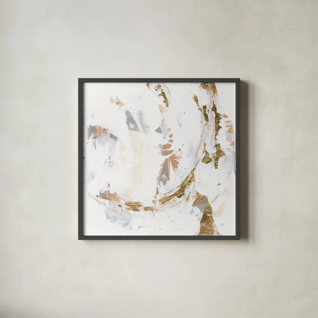 Glimpse of Gold III by Chris Paschke. Shown in a sleek black glass frame for a contemporary gallery look. Available as an archival giclee rolled canvas, fine art paper, or poster print. SKU 94387a.
