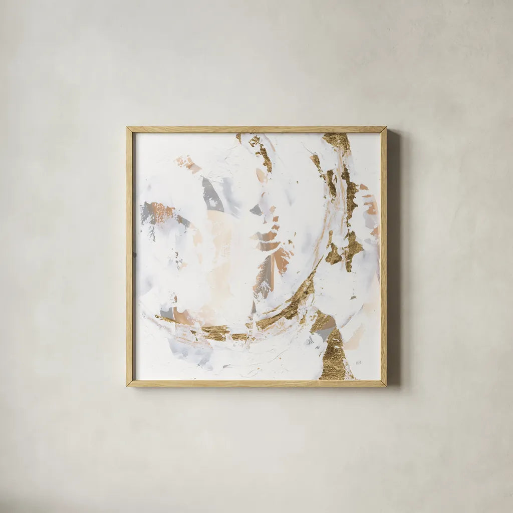 Glimpse of Gold III by Chris Paschke. Shown in a natural wood glass frame for a timeless modern aesthetic. Available as an archival giclee rolled canvas, fine art paper, or poster print. SKU 94387a.