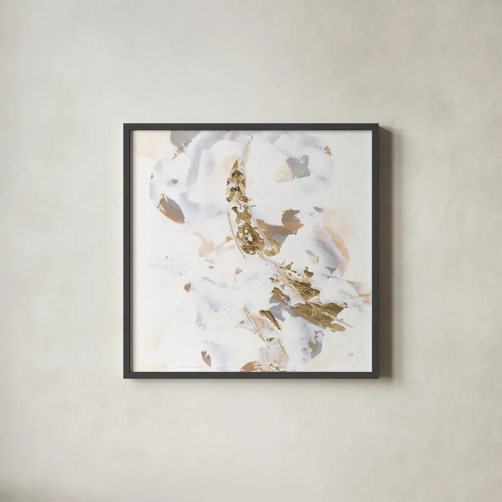 Glimpse of Gold IV by Chris Paschke. Shown in a sleek black glass frame for a contemporary gallery look. Available as an archival giclee rolled canvas, fine art paper, or poster print. SKU 94388a.