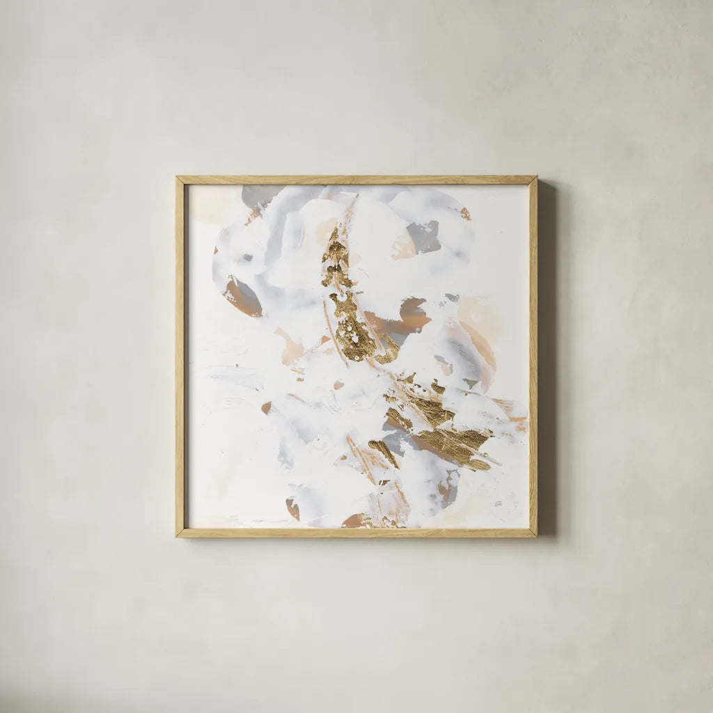 Glimpse of Gold IV by Chris Paschke. Shown in a natural wood glass frame for a timeless modern aesthetic. Available as an archival giclee rolled canvas, fine art paper, or poster print. SKU 94388a.