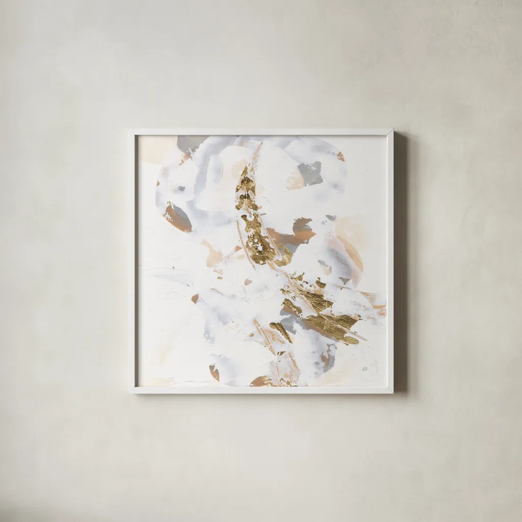 Glimpse of Gold IV by Chris Paschke. Shown in a crisp white glass frame for a clean and minimalist style. Available as an archival giclee rolled canvas, fine art paper, or poster print. SKU 94388a.