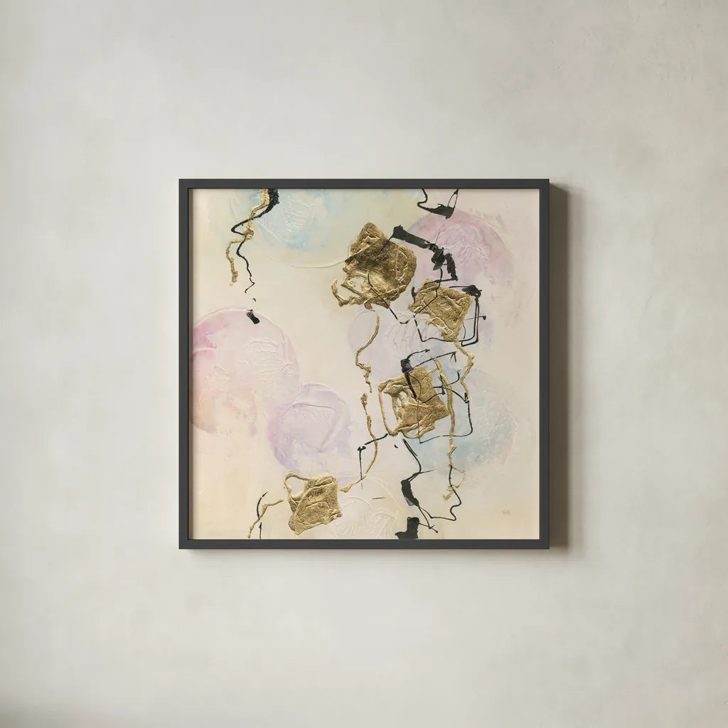 Gold Blocks on Pastel I by Chris Paschke. Shown in a sleek black glass frame for a contemporary gallery look. Available as an archival giclee rolled canvas, fine art paper, or poster print. SKU 31757a.