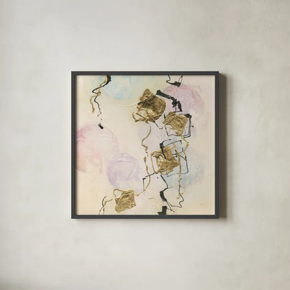 Gold Blocks on Pastel I by Chris Paschke. Shown in a sleek black glass frame for a contemporary gallery look. Available as an archival giclee rolled canvas, fine art paper, or poster print. SKU 31757a.