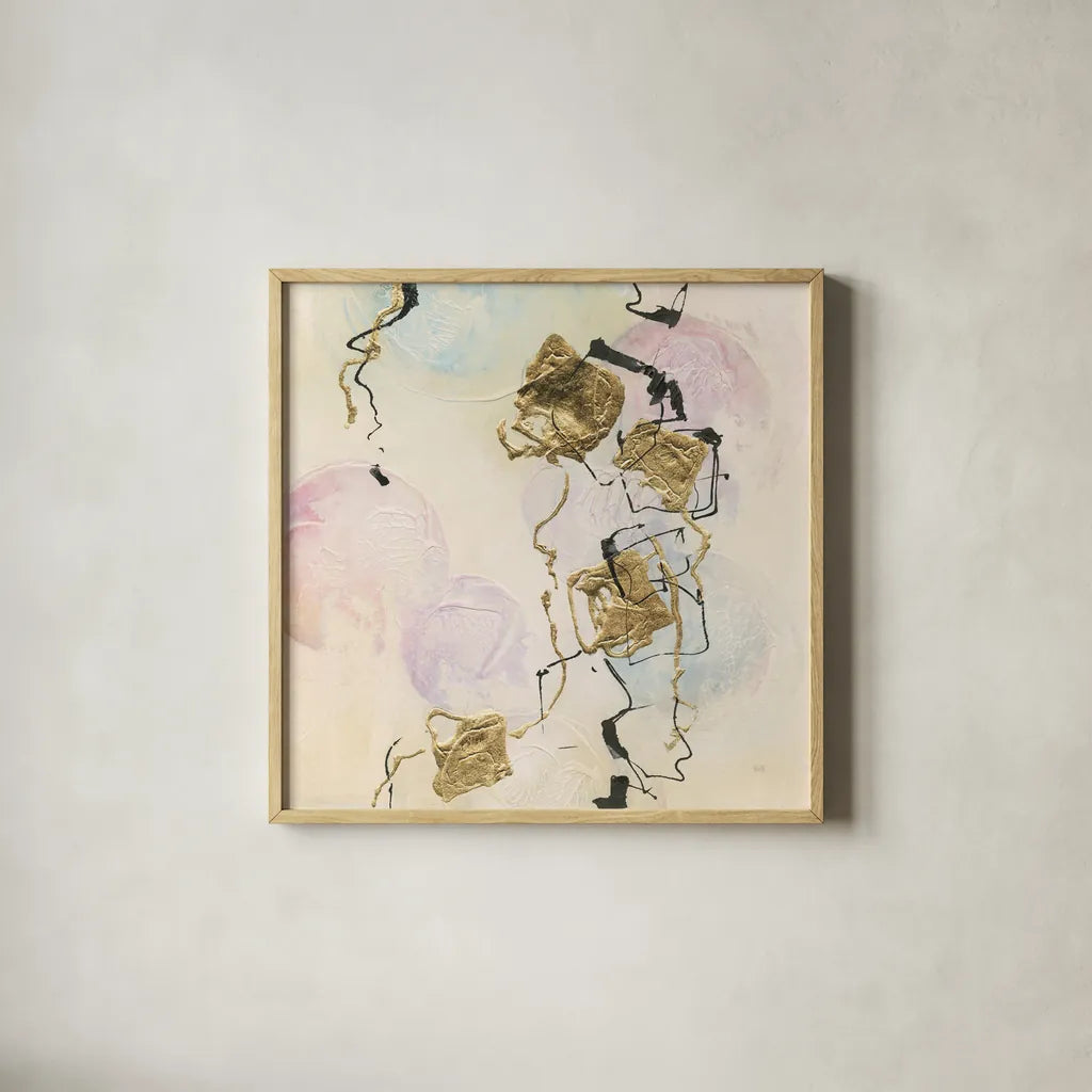 Gold Blocks on Pastel I by Chris Paschke. Shown in a natural wood glass frame for a timeless modern aesthetic. Available as an archival giclee rolled canvas, fine art paper, or poster print. SKU 31757a.