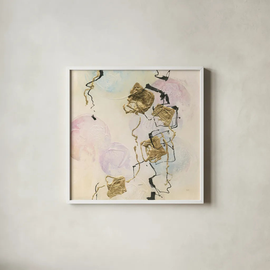 Gold Blocks on Pastel I by Chris Paschke. Shown in a crisp white glass frame for a clean and minimalist style. Available as an archival giclee rolled canvas, fine art paper, or poster print. SKU 31757a.