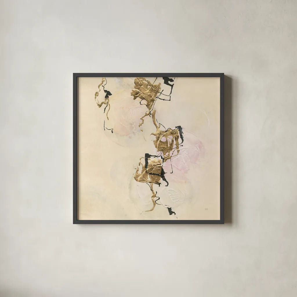 Gold Blocks on Pastel II by Chris Paschke. Shown in a sleek black glass frame for a contemporary gallery look. Available as an archival giclee rolled canvas, fine art paper, or poster print. SKU 31758a.