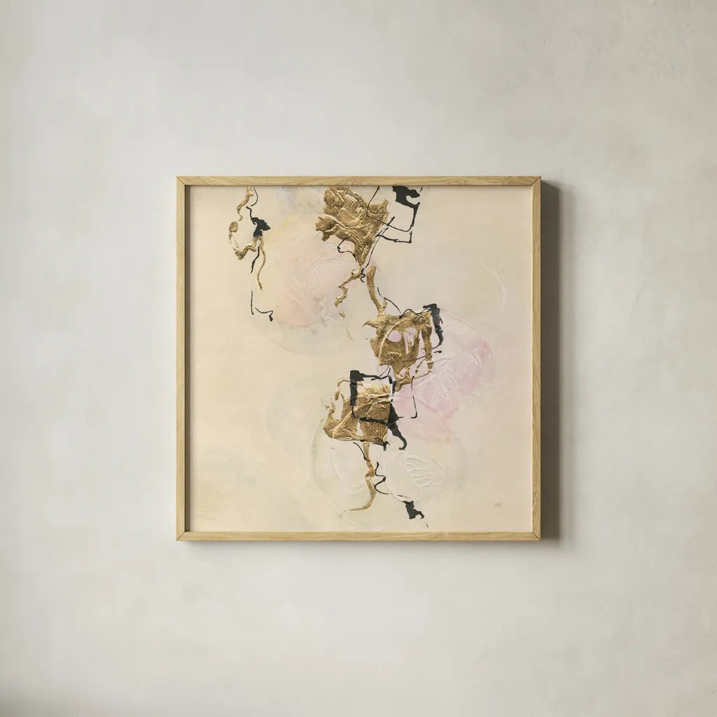 Gold Blocks on Pastel II by Chris Paschke. Shown in a natural wood glass frame for a timeless modern aesthetic. Available as an archival giclee rolled canvas, fine art paper, or poster print. SKU 31758a.