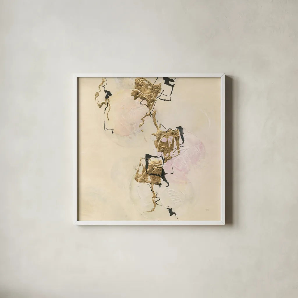 Gold Blocks on Pastel II by Chris Paschke. Shown in a crisp white glass frame for a clean and minimalist style. Available as an archival giclee rolled canvas, fine art paper, or poster print. SKU 31758a.