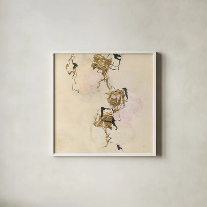 Gold Blocks on Pastel II by Chris Paschke. Shown in a crisp white glass frame for a clean and minimalist style. Available as an archival giclee rolled canvas, fine art paper, or poster print. SKU 31758a.