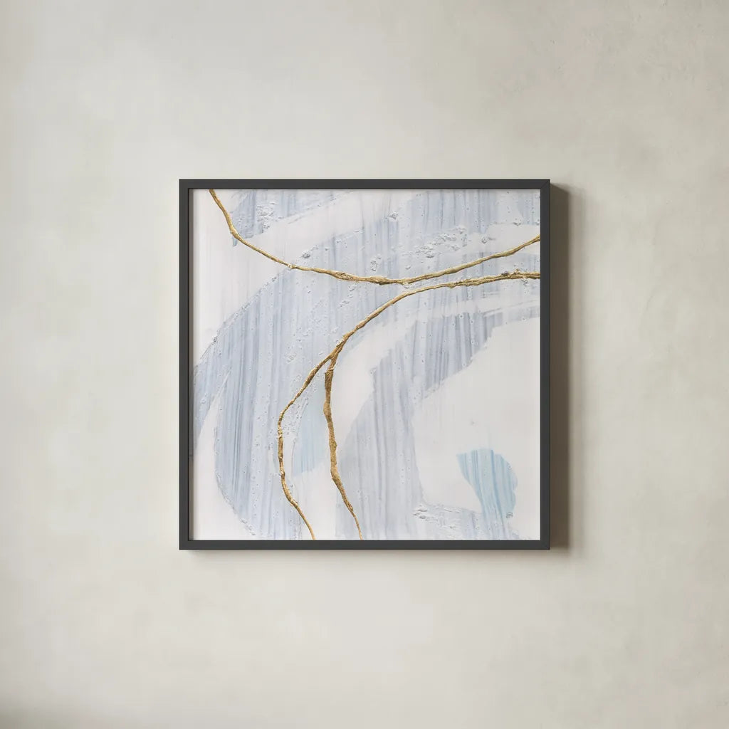 Gold Branches I by Chris Paschke. Shown in a sleek black glass frame for a contemporary gallery look. Available as an archival giclee rolled canvas, fine art paper, or poster print. SKU 99526a.