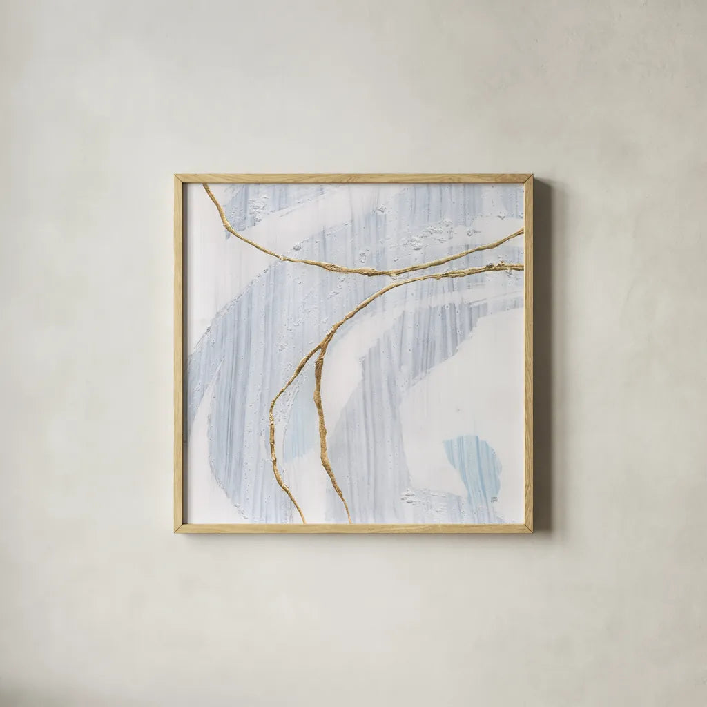 Gold Branches I by Chris Paschke. Shown in a natural wood glass frame for a timeless modern aesthetic. Available as an archival giclee rolled canvas, fine art paper, or poster print. SKU 99526a.