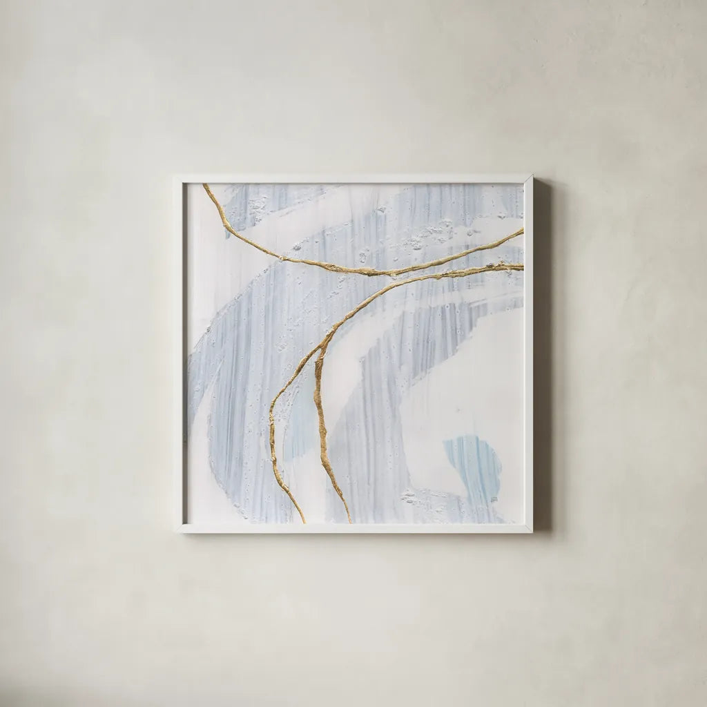 Gold Branches I by Chris Paschke. Shown in a crisp white glass frame for a clean and minimalist style. Available as an archival giclee rolled canvas, fine art paper, or poster print. SKU 99526a.