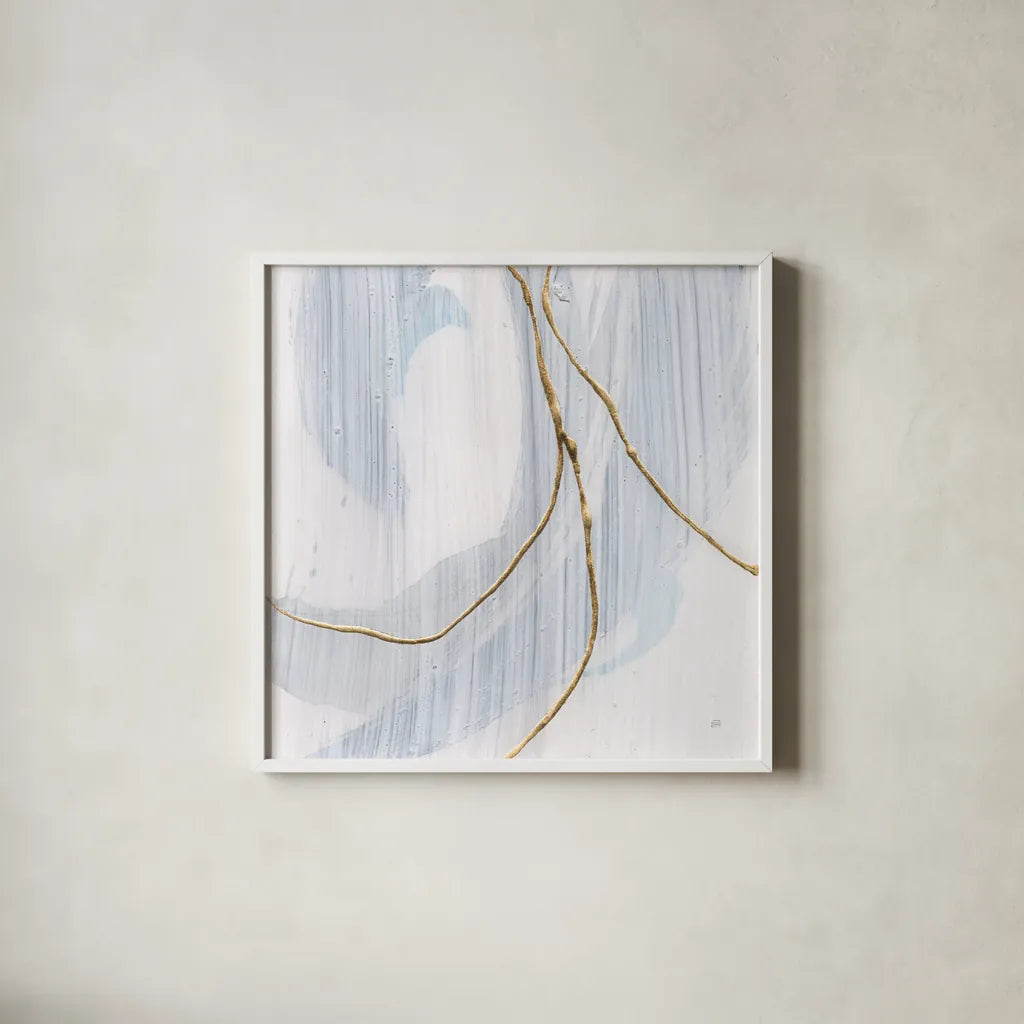 Gold Branches II by Chris Paschke. Shown in a crisp white glass frame for a clean and minimalist style. Available as an archival giclee rolled canvas, fine art paper, or poster print. SKU 99527a.