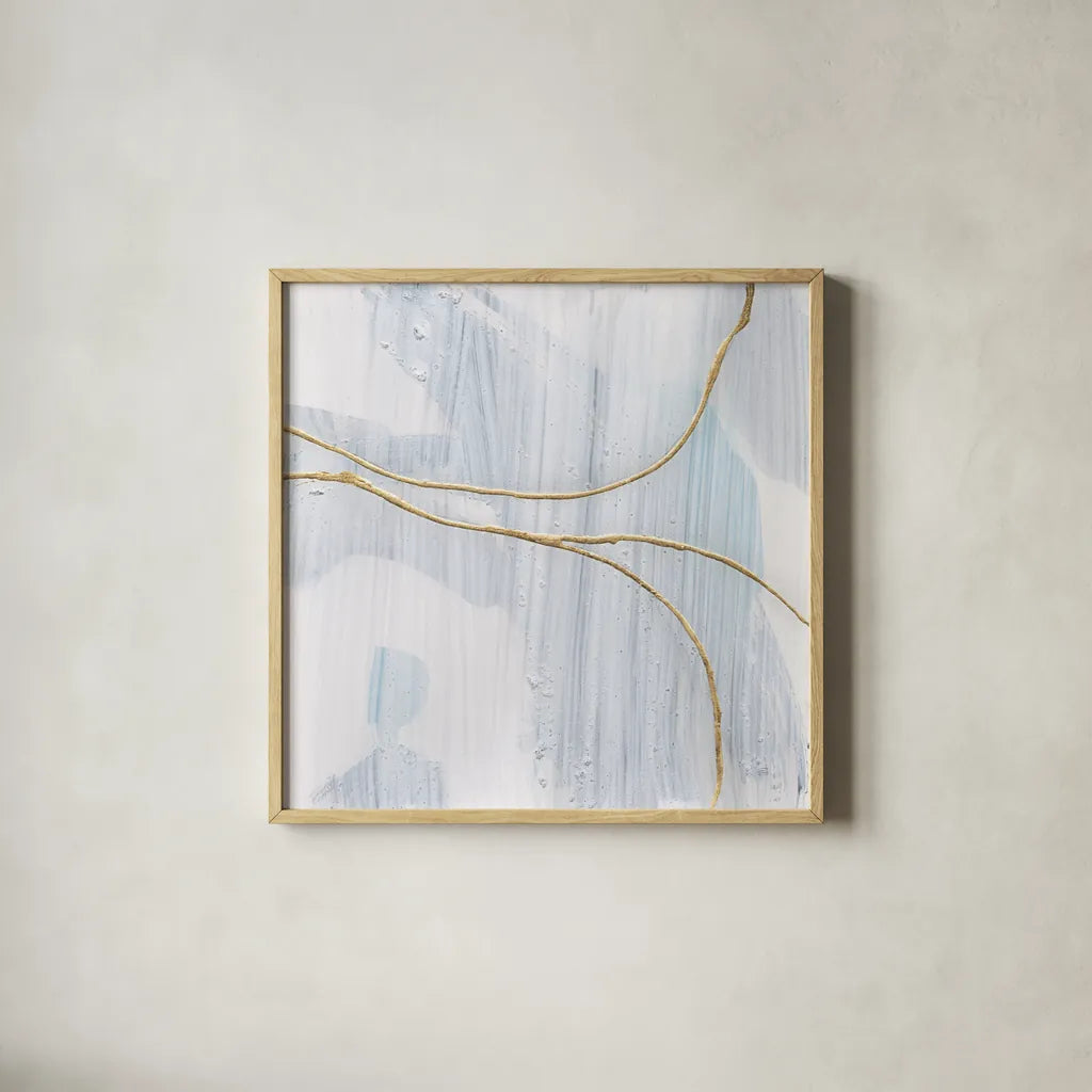 Gold Branches III by Chris Paschke. Shown in a natural wood glass frame for a timeless modern aesthetic. Available as an archival giclee rolled canvas, fine art paper, or poster print. SKU 99528a.