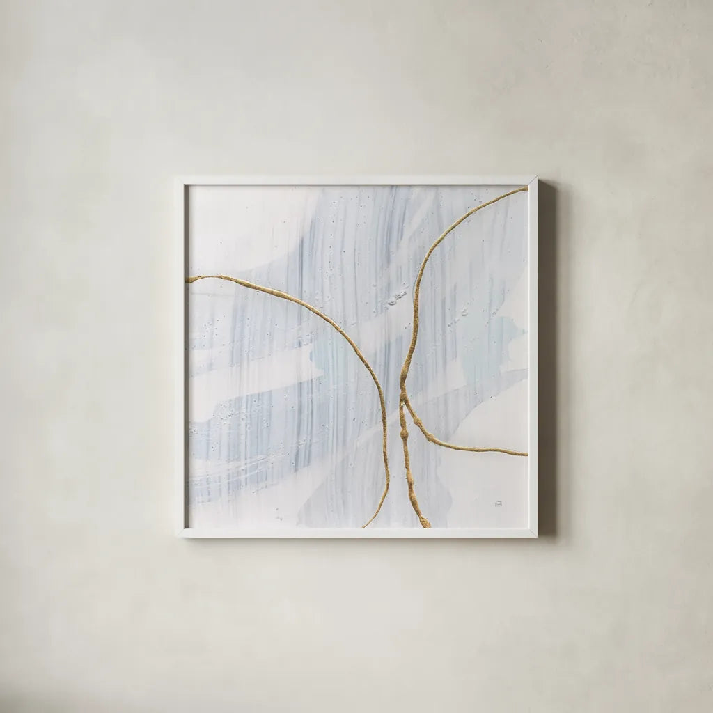 Gold Branches IV by Chris Paschke. Shown in a crisp white glass frame for a clean and minimalist style. Available as an archival giclee rolled canvas, fine art paper, or poster print. SKU 99529a.