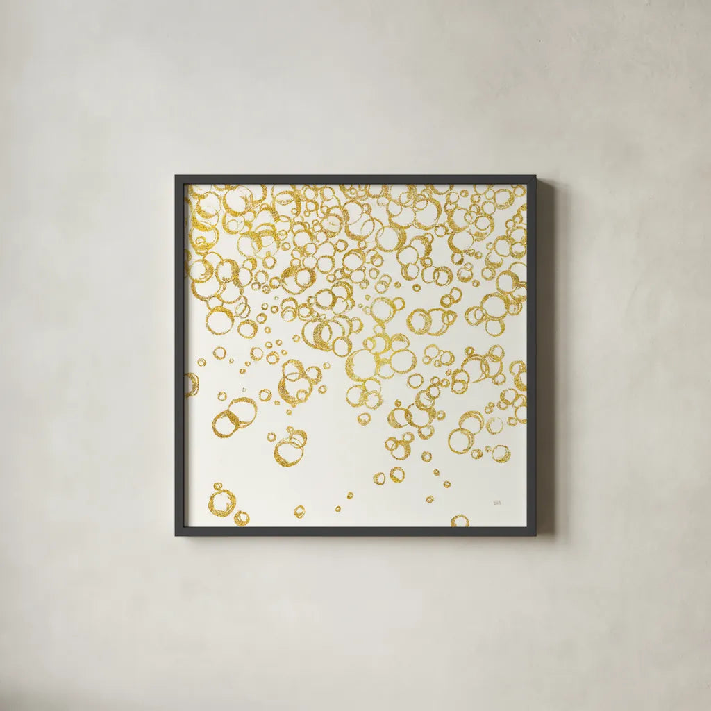 Gold Bubbles I by Chris Paschke. Shown in a sleek black glass frame for a contemporary gallery look. Available as an archival giclee rolled canvas, fine art paper, or poster print. SKU 68833a.