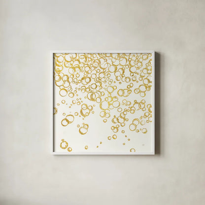Gold Bubbles I by Chris Paschke. Shown in a crisp white glass frame for a clean and minimalist style. Available as an archival giclee rolled canvas, fine art paper, or poster print. SKU 68833a.