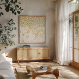 Gold Bubbles I by Chris Paschke. Shown in a natural wood frame in a cozy modern living room. Available as an archival giclee rolled canvas, fine art paper, or poster print. SKU 68833a.