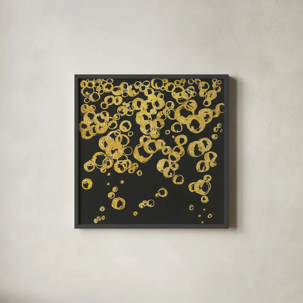Gold Bubbles II by Chris Paschke. Shown in a sleek black glass frame for a contemporary gallery look. Available as an archival giclee rolled canvas, fine art paper, or poster print. SKU 68834a.