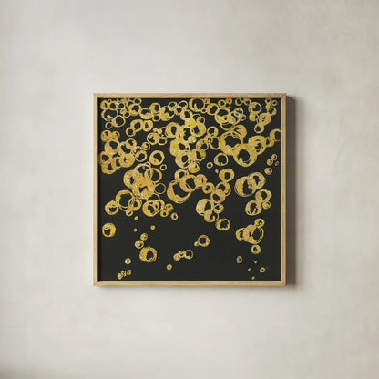 Gold Bubbles II by Chris Paschke. Shown in a natural wood glass frame for a timeless modern aesthetic. Available as an archival giclee rolled canvas, fine art paper, or poster print. SKU 68834a.
