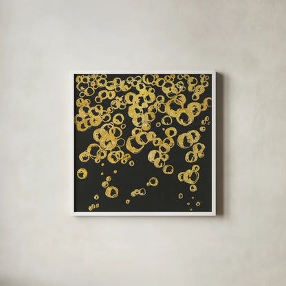 Gold Bubbles II by Chris Paschke. Shown in a crisp white glass frame for a clean and minimalist style. Available as an archival giclee rolled canvas, fine art paper, or poster print. SKU 68834a.