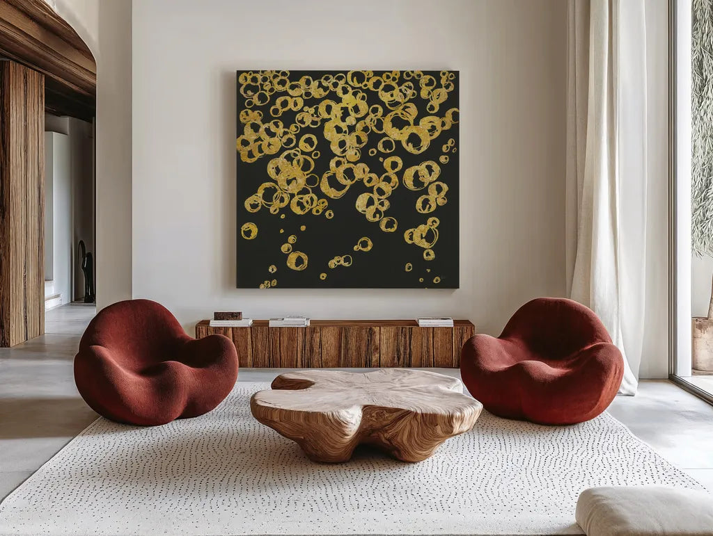 Gold Bubbles II by Chris Paschke. Shown as extra-large giant wall art in a modern living room. Available as an archival giclee rolled canvas, fine art paper, or poster print. SKU 68834a.