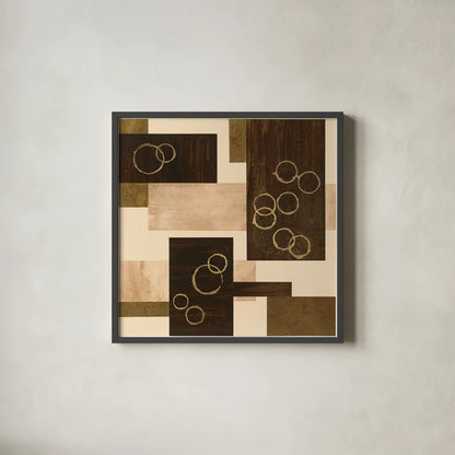Gold Circles by Chris Paschke. Shown in a sleek black glass frame for a contemporary gallery look. Available as an archival giclee rolled canvas, fine art paper, or poster print. SKU 22612a.