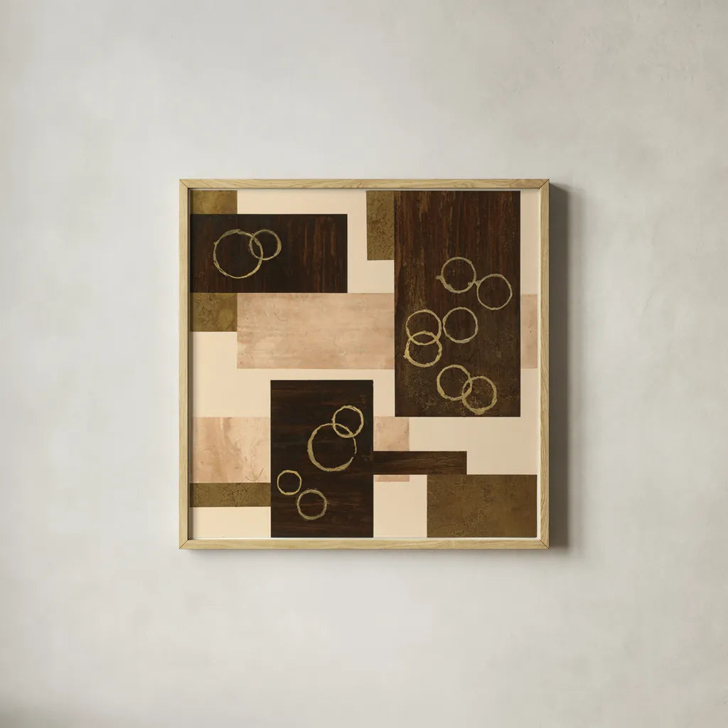 Gold Circles by Chris Paschke. Shown in a natural wood glass frame for a timeless modern aesthetic. Available as an archival giclee rolled canvas, fine art paper, or poster print. SKU 22612a.