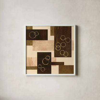 Gold Circles by Chris Paschke. Shown in a crisp white glass frame for a clean and minimalist style. Available as an archival giclee rolled canvas, fine art paper, or poster print. SKU 22612a.