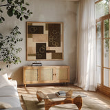 Gold Circles by Chris Paschke. Shown in a natural wood frame in a cozy modern living room. Available as an archival giclee rolled canvas, fine art paper, or poster print. SKU 22612a.