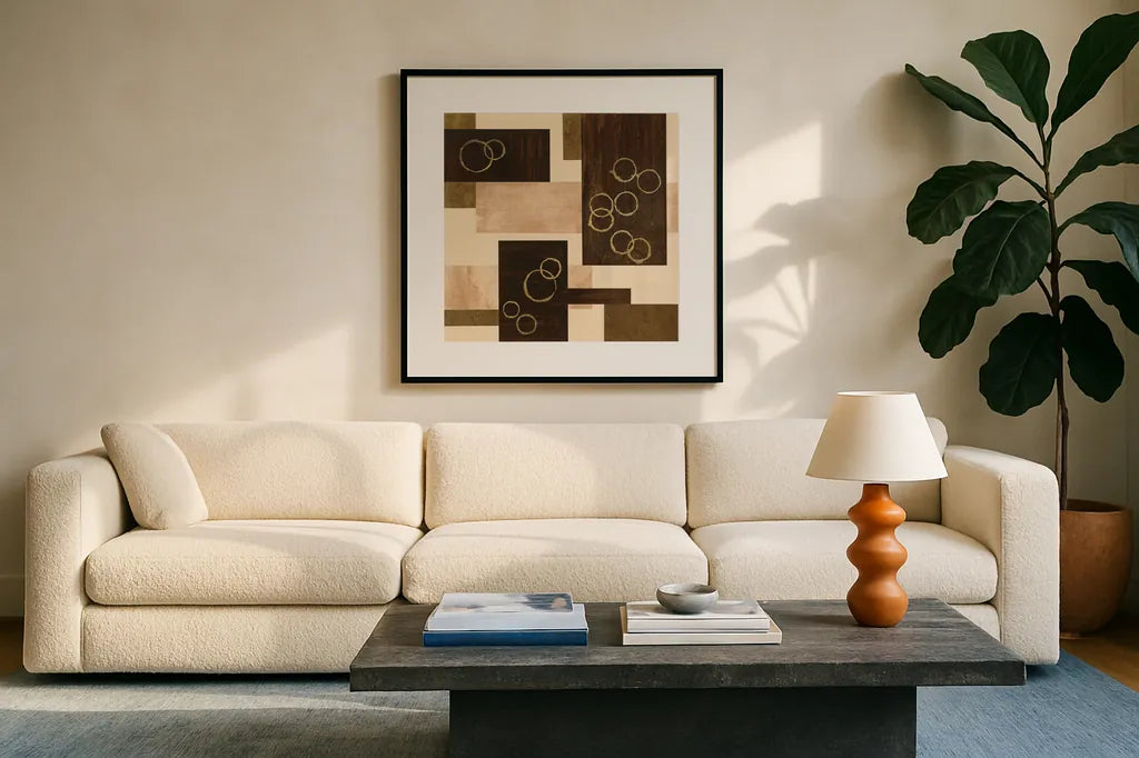 Gold Circles by Chris Paschke. Displayed in a glass frame with matte in a clean modern living room. Available as an archival giclee rolled canvas, fine art paper, or poster print. SKU 22612a.