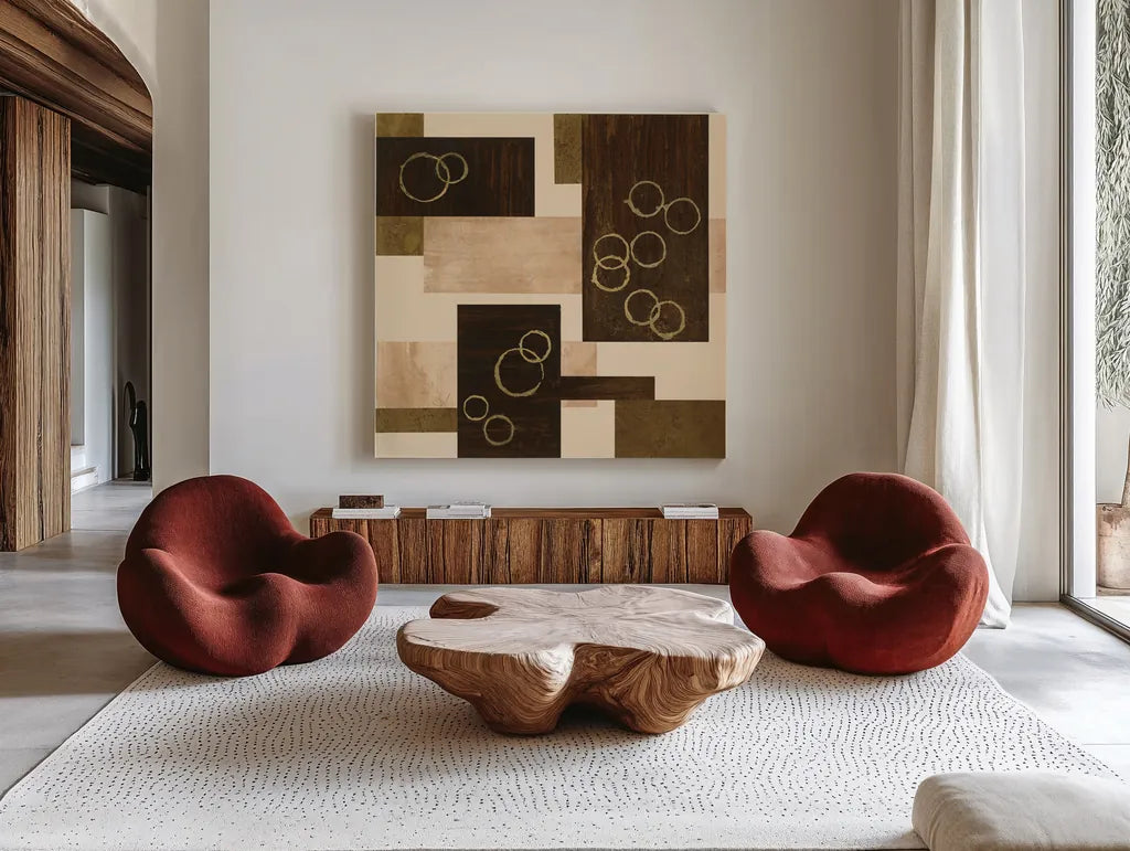 Gold Circles by Chris Paschke. Shown as extra-large giant wall art in a modern living room. Available as an archival giclee rolled canvas, fine art paper, or poster print. SKU 22612a.