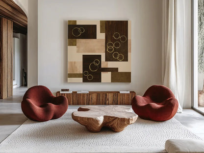 Gold Circles by Chris Paschke. Shown as extra-large giant wall art in a modern living room. Available as an archival giclee rolled canvas, fine art paper, or poster print. SKU 22612a.