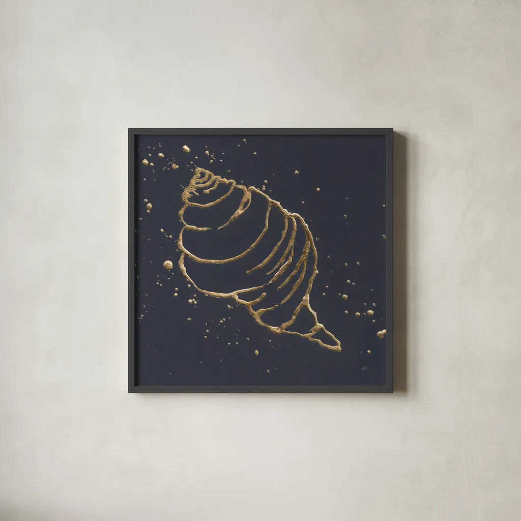 Gold Conch I by Chris Paschke. Shown in a sleek black glass frame for a contemporary gallery look. Available as an archival giclee rolled canvas, fine art paper, or poster print. SKU 69348a.