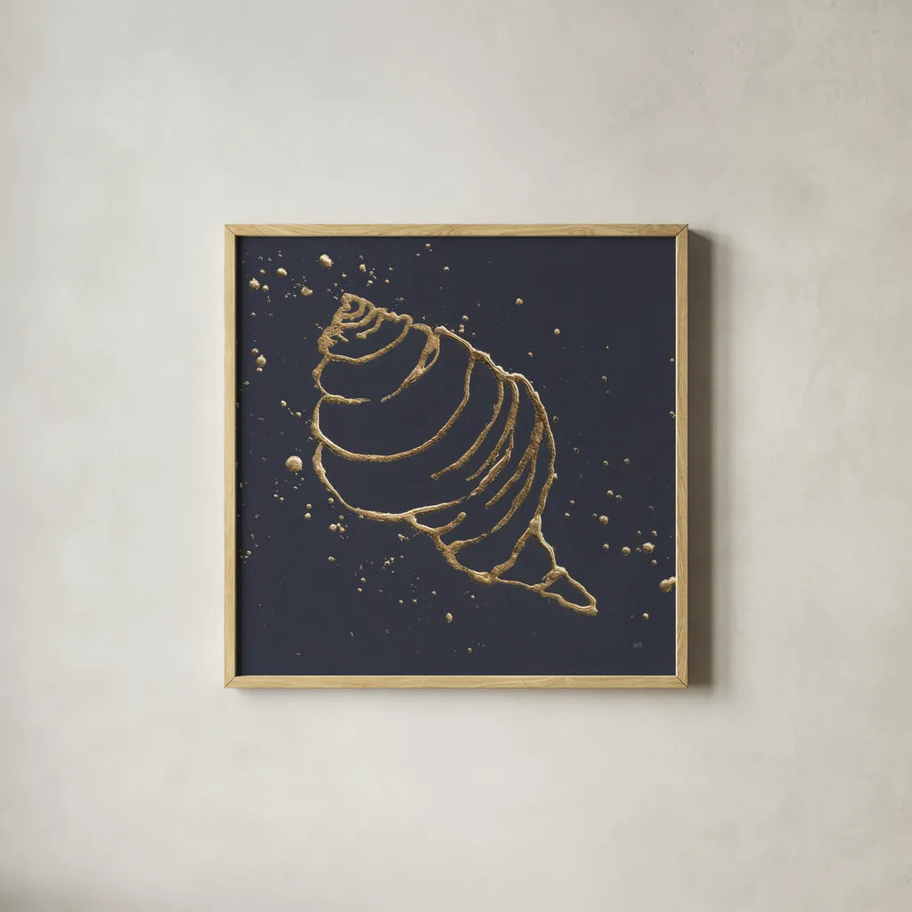 Gold Conch I by Chris Paschke. Shown in a natural wood glass frame for a timeless modern aesthetic. Available as an archival giclee rolled canvas, fine art paper, or poster print. SKU 69348a.