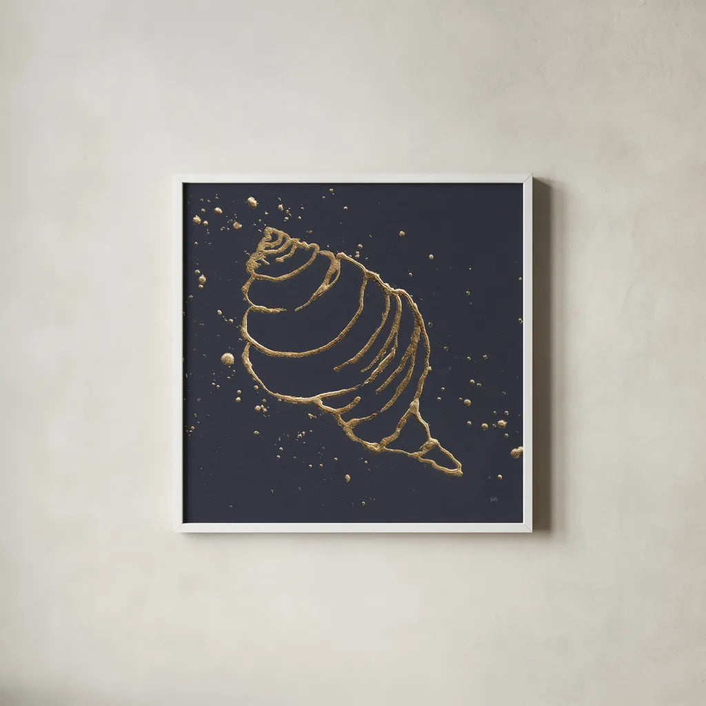 Gold Conch I by Chris Paschke. Shown in a crisp white glass frame for a clean and minimalist style. Available as an archival giclee rolled canvas, fine art paper, or poster print. SKU 69348a.