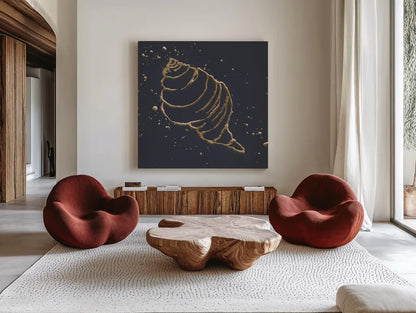 Gold Conch I by Chris Paschke. Shown as extra-large giant wall art in a modern living room. Available as an archival giclee rolled canvas, fine art paper, or poster print. SKU 69348a.