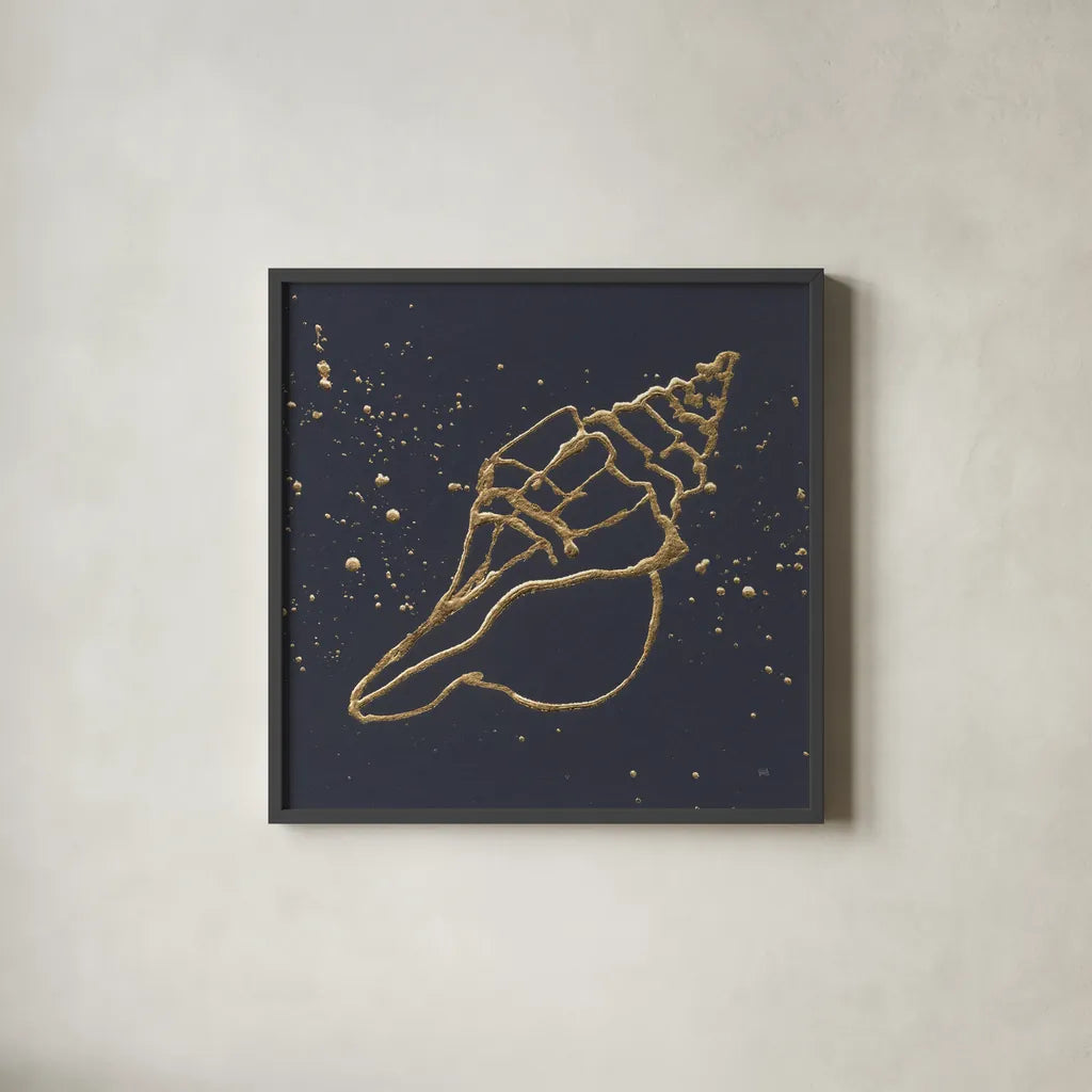 Gold Conch II by Chris Paschke. Shown in a sleek black glass frame for a contemporary gallery look. Available as an archival giclee rolled canvas, fine art paper, or poster print. SKU 69349a.